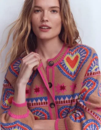 Abi Jacquard Cardigan Camel Melange, Hearts