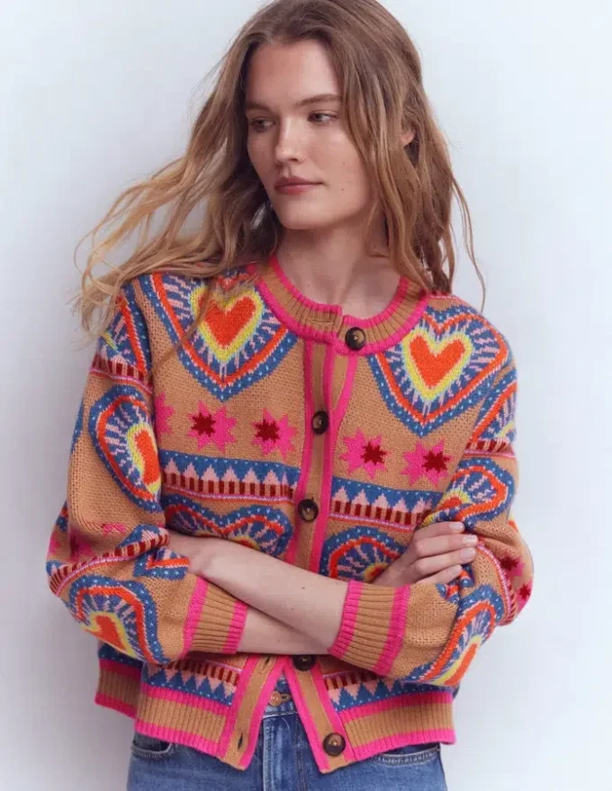 Abi Jacquard Cardigan Camel Melange, Hearts Abi Jacquard Cardigan Camel Melange, Hearts