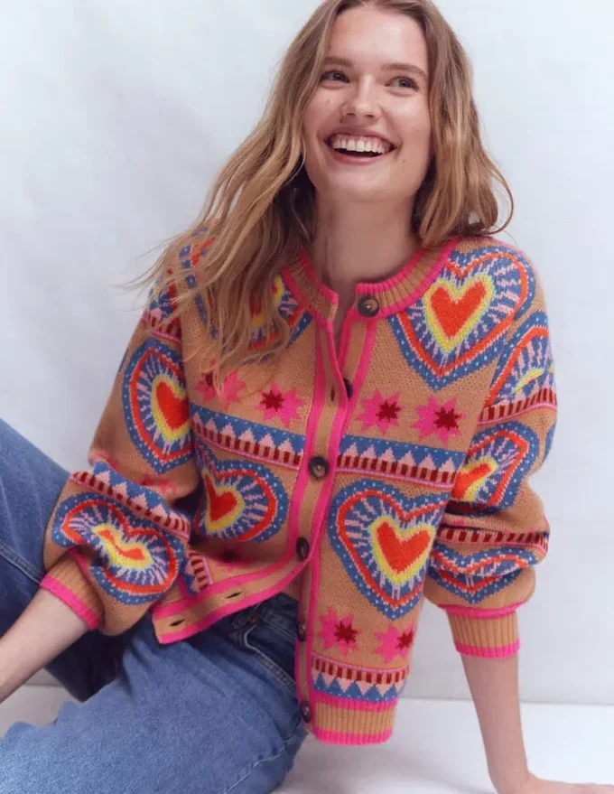 Abi Jacquard Cardigan Camel Melange, Hearts Abi Jacquard Cardigan Camel Melange, Hearts