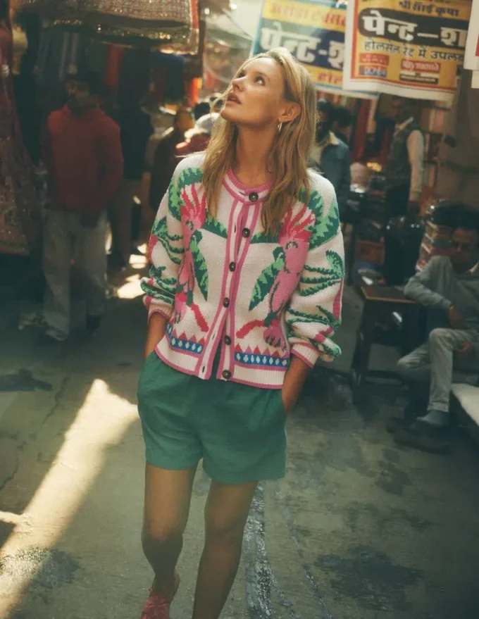 Abi Jacquard Cardigan Warm Ivory, Palm Tree Birds