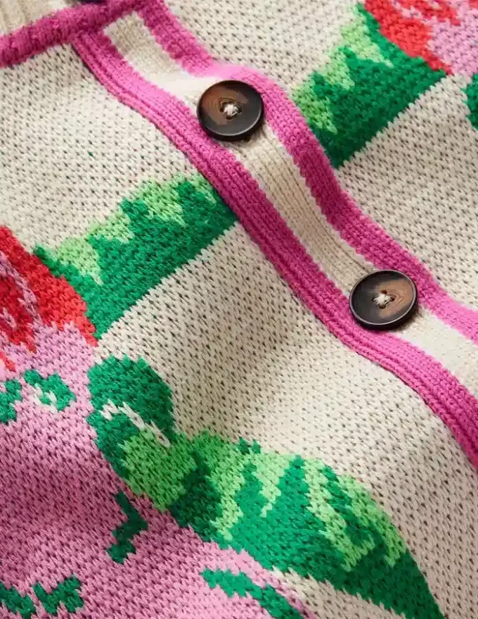Abi Jacquard Cardigan Warm Ivory, Palm Tree Birds