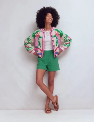 Abi Jacquard Cardigan Warm Ivory, Palm Tree Birds