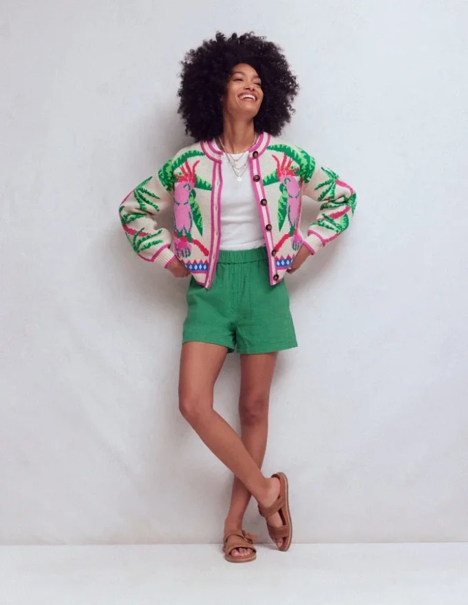 Abi Jacquard Cardigan Warm Ivory, Palm Tree Birds