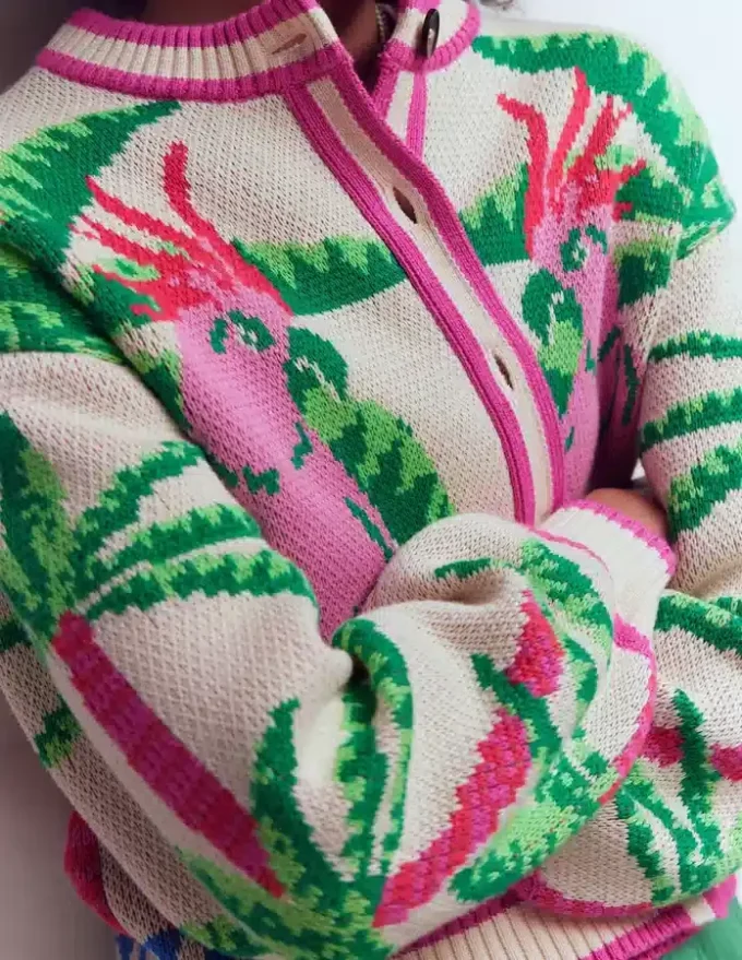 Abi Jacquard Cardigan Warm Ivory, Palm Tree Birds