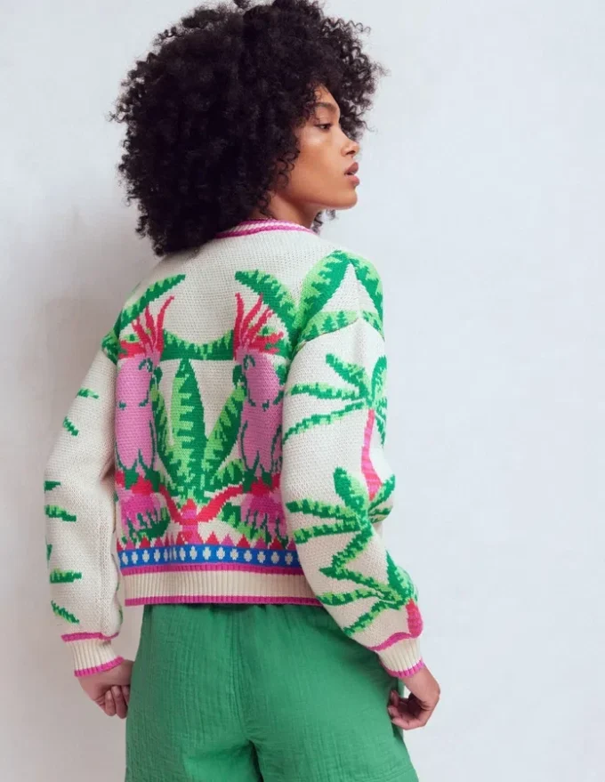 Abi Jacquard Cardigan Warm Ivory, Palm Tree Birds