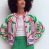 Abi Jacquard Cardigan Warm Ivory, Palm Tree Birds