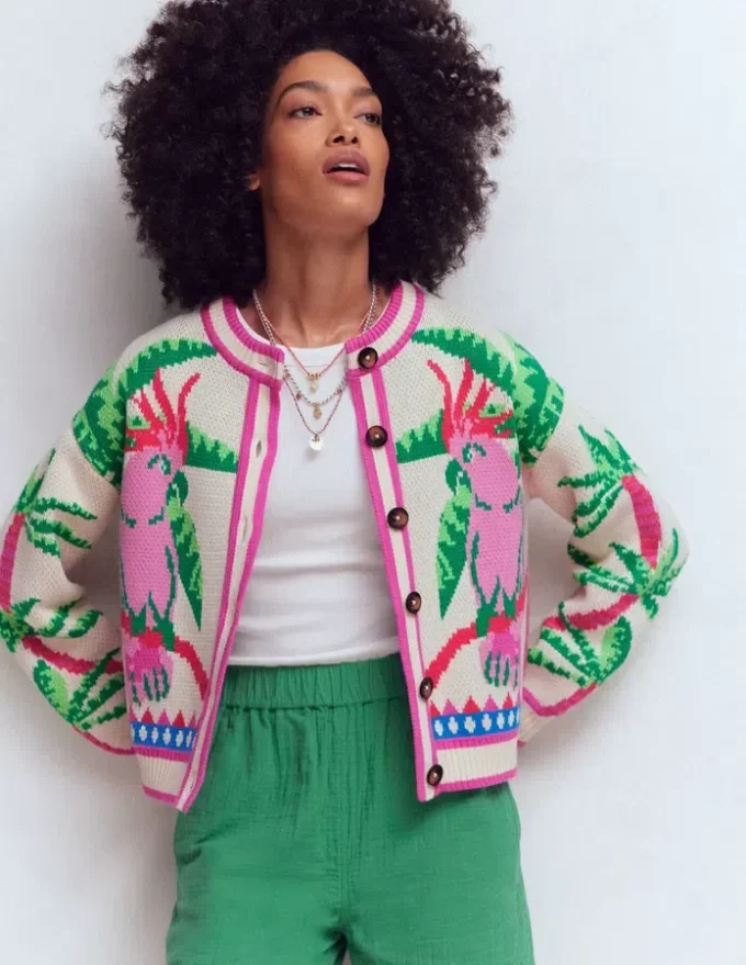 Abi Jacquard Cardigan Warm Ivory, Palm Tree Birds
