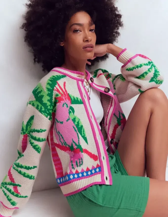 Abi Jacquard Cardigan Warm Ivory, Palm Tree Birds