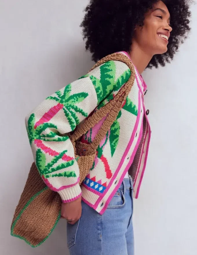 Abi Jacquard Cardigan Warm Ivory, Palm Tree Birds