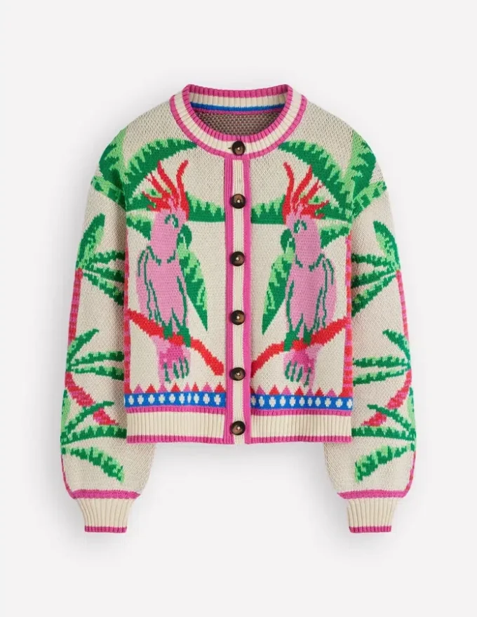 Abi Jacquard Cardigan Warm Ivory, Palm Tree Birds