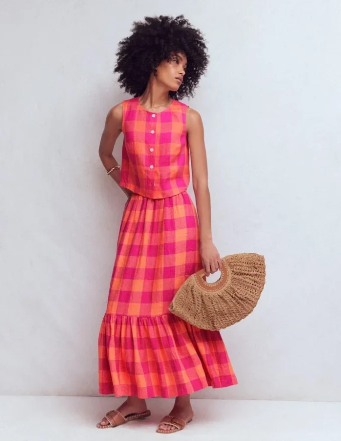 Abigail Linen Maxi Skirt Zesty Orange, Pink Gingham