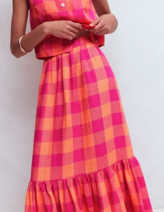 Abigail Linen Maxi Skirt Zesty Orange, Pink Gingham