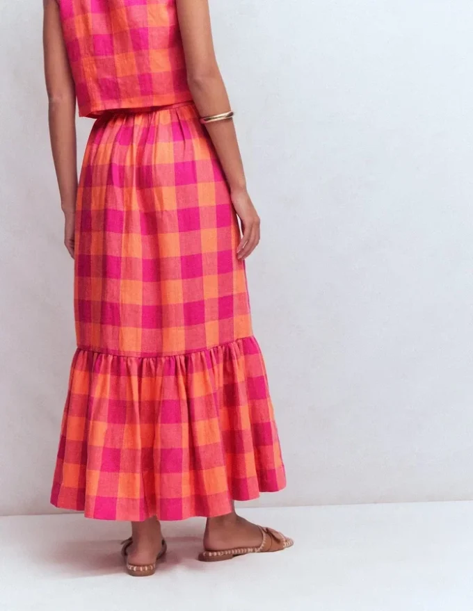 Abigail Linen Maxi Skirt Zesty Orange, Pink Gingham
