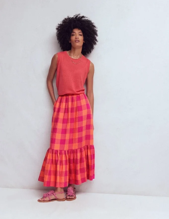 Abigail Linen Maxi Skirt Zesty Orange, Pink Gingham