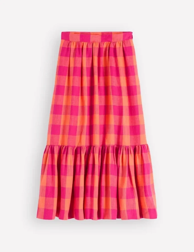 Abigail Linen Maxi Skirt Zesty Orange, Pink Gingham