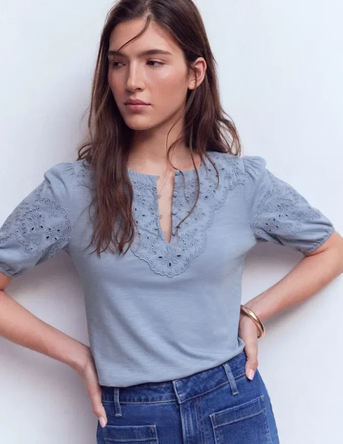 Ada Broderie Mix Top French Blue