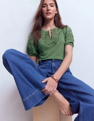 Ada Broderie Mix Top Willow Green