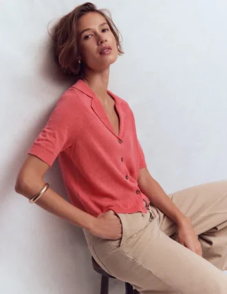 Agnes Collar Linen Cardigan Coral