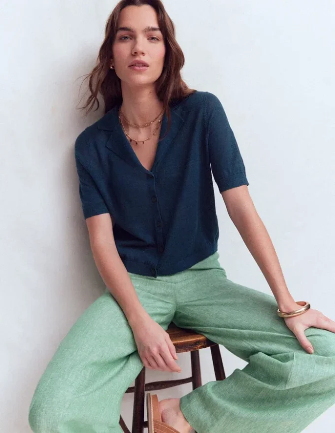 Agnes Collar Linen Cardigan Navy