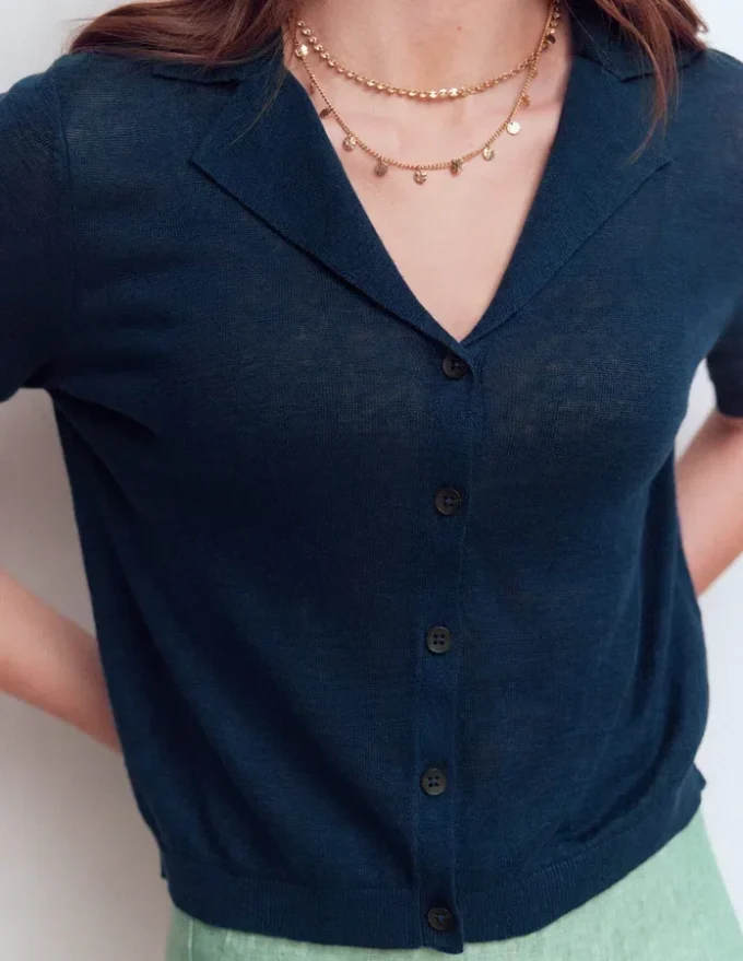 Agnes Collar Linen Cardigan Navy