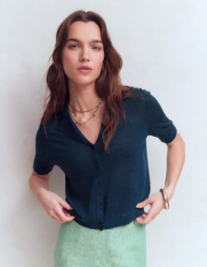 Agnes Collar Linen Cardigan Navy