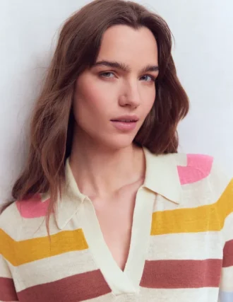 Agnes Collared Linen Jumper Ivory, Pink, Green Multistripe