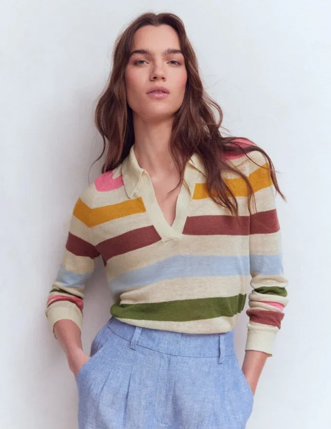 Agnes Collared Linen Jumper Ivory, Pink, Green Multistripe Agnes Collared Linen Jumper Ivory, Pink, Green Multistripe
