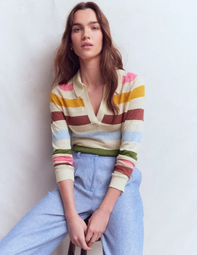 Agnes Collared Linen Jumper Ivory, Pink, Green Multistripe Agnes Collared Linen Jumper Ivory, Pink, Green Multistripe