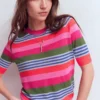 Agnes Linen Button T-Shirt Multi Stripe Agnes Linen Button T-Shirt Multi Stripe