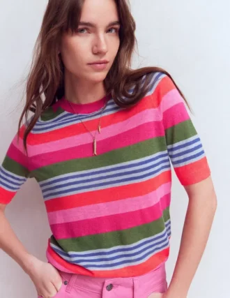 Agnes Linen Button T-Shirt Multi Stripe