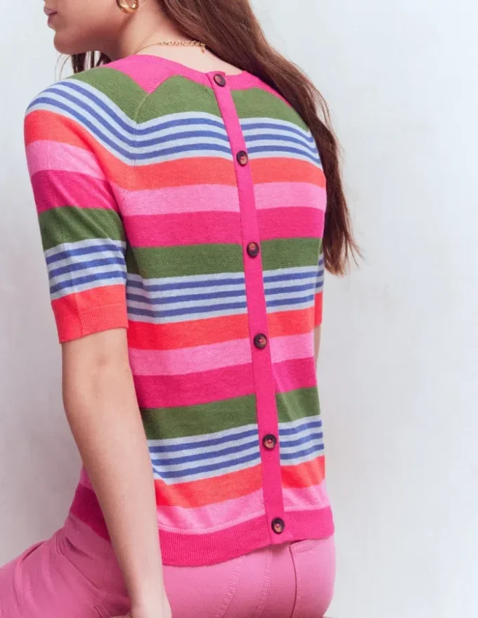 Agnes Linen Button T-Shirt Multi Stripe Agnes Linen Button T-Shirt Multi Stripe