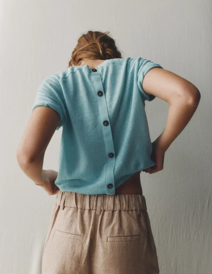 Agnes Linen Button T-Shirt Seamist Blue Agnes Linen Button T-Shirt Seamist Blue