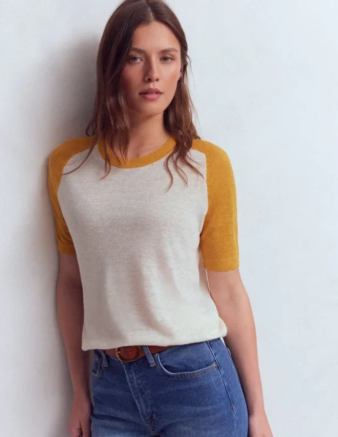 Agnes Linen Button T-Shirt Yellow, Colour Block Agnes Linen Button T-Shirt Yellow, Colour Block