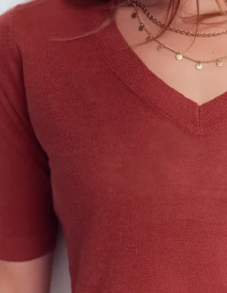 Agnes Linen V Neck T-Shirt Burnt Orange