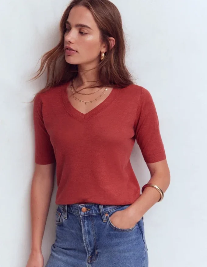 Agnes Linen V Neck T-Shirt Burnt Orange Agnes Linen V Neck T-Shirt Burnt Orange
