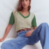 Agnes Linen V Neck T-Shirt Ivory/ Green Agnes Linen V Neck T-Shirt Ivory/ Green