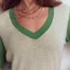 Agnes Linen V Neck T-Shirt Ivory/ Green Agnes Linen V Neck T-Shirt Ivory/ Green