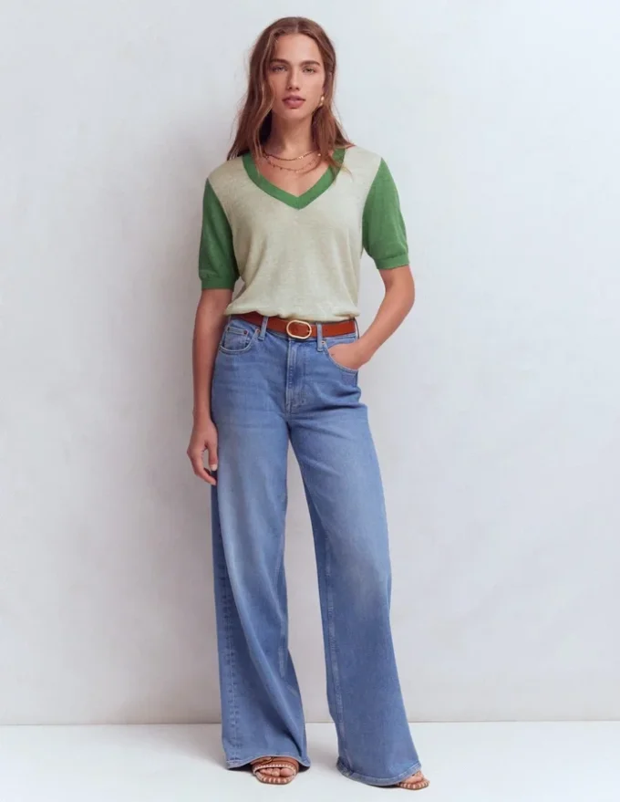 Agnes Linen V Neck T-Shirt Ivory/ Green Agnes Linen V Neck T-Shirt Ivory/ Green