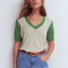 Agnes Linen V Neck T-Shirt Ivory/ Green Agnes Linen V Neck T-Shirt Ivory/ Green