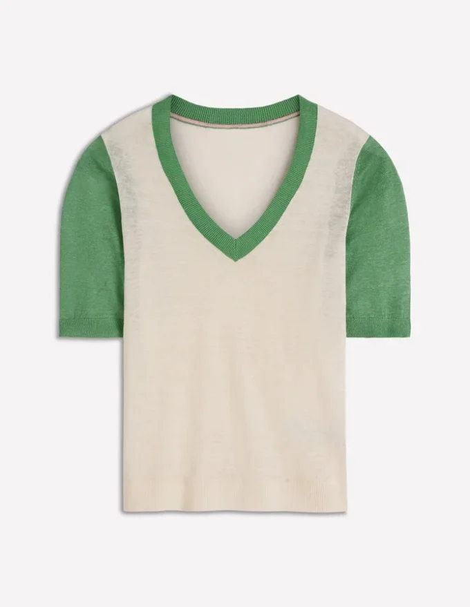 Agnes Linen V Neck T-Shirt Ivory/ Green Agnes Linen V Neck T-Shirt Ivory/ Green