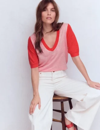 Agnes Linen V Neck T-Shirt Pink Colour Block