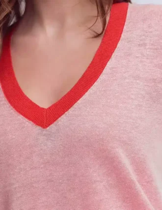 Agnes Linen V Neck T-Shirt Pink Colour Block