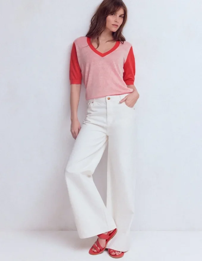 Agnes Linen V Neck T-Shirt Pink Colour Block Agnes Linen V Neck T-Shirt Pink Colour Block