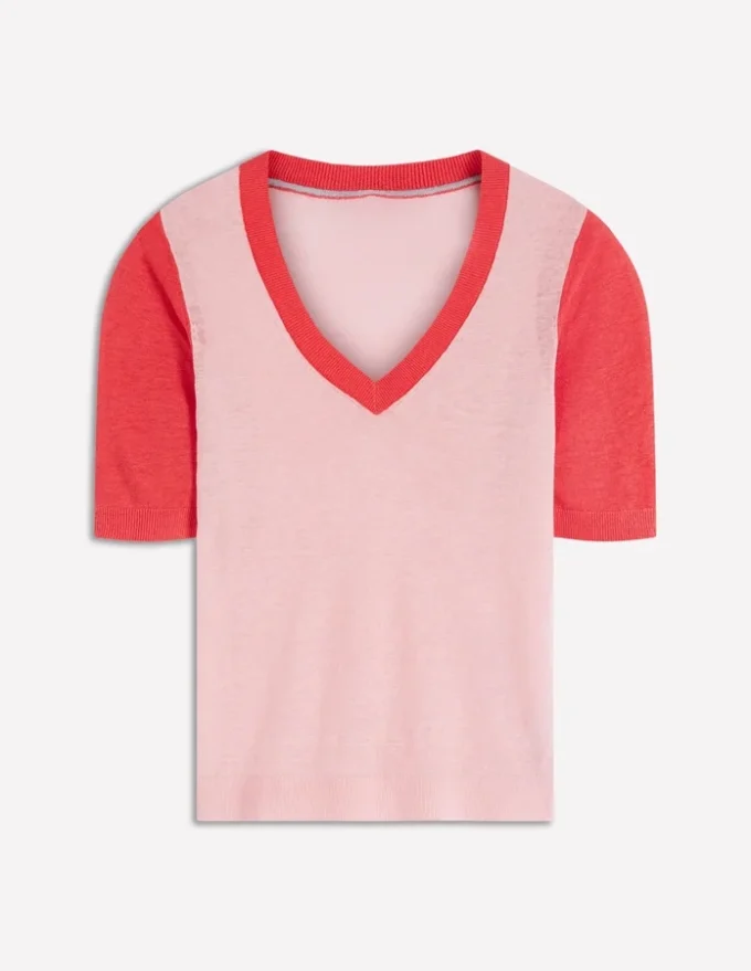 Agnes Linen V Neck T-Shirt Pink Colour Block Agnes Linen V Neck T-Shirt Pink Colour Block
