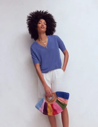 Agnes Linen V Neck T-Shirt Solid Blue