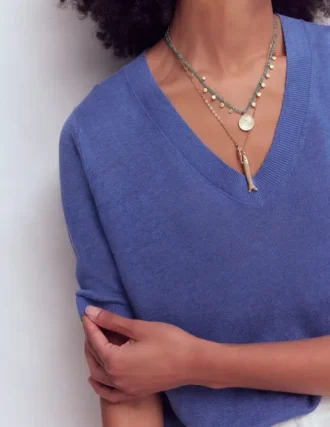 Agnes Linen V Neck T-Shirt Solid Blue