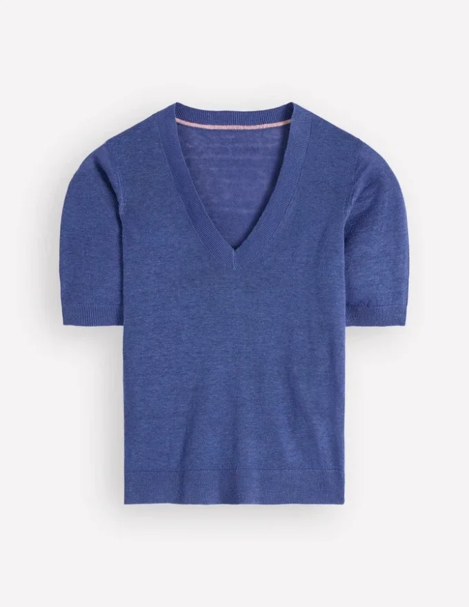 Agnes Linen V Neck T-Shirt Solid Blue Agnes Linen V Neck T-Shirt Solid Blue