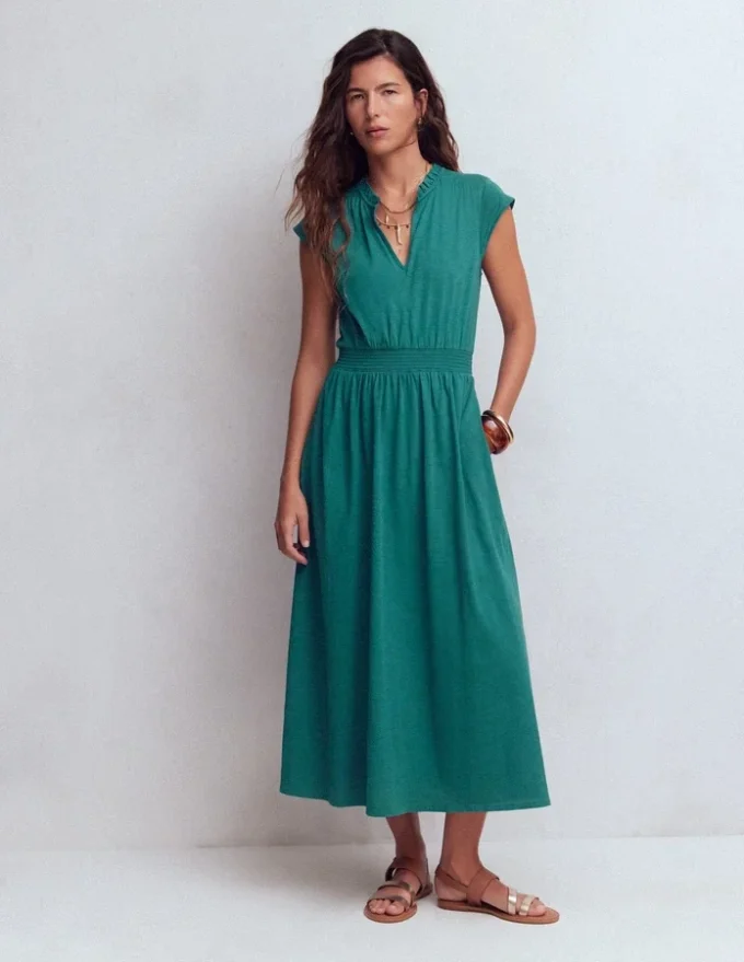 Alba Smocked Jersey Midi Dress Drake Green