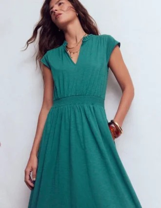 Alba Smocked Jersey Midi Dress Drake Green