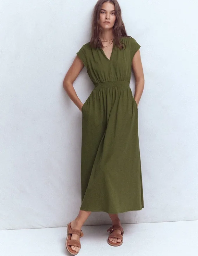 Alba Smocked Jersey Midi Dress Olive Alba Smocked Jersey Midi Dress Olive
